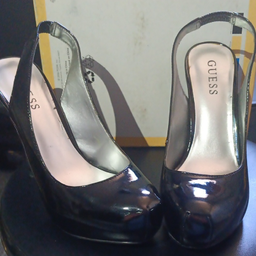 GUESS Shiny Black Slingback Heels